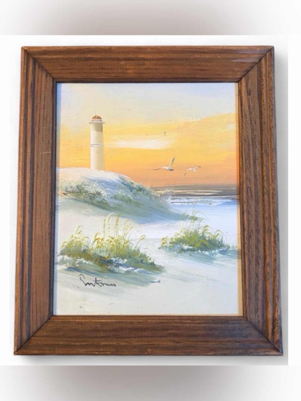 Vintage Signed Lighthouse Landscape Seascape Nautical Painting Frame Art Artwork